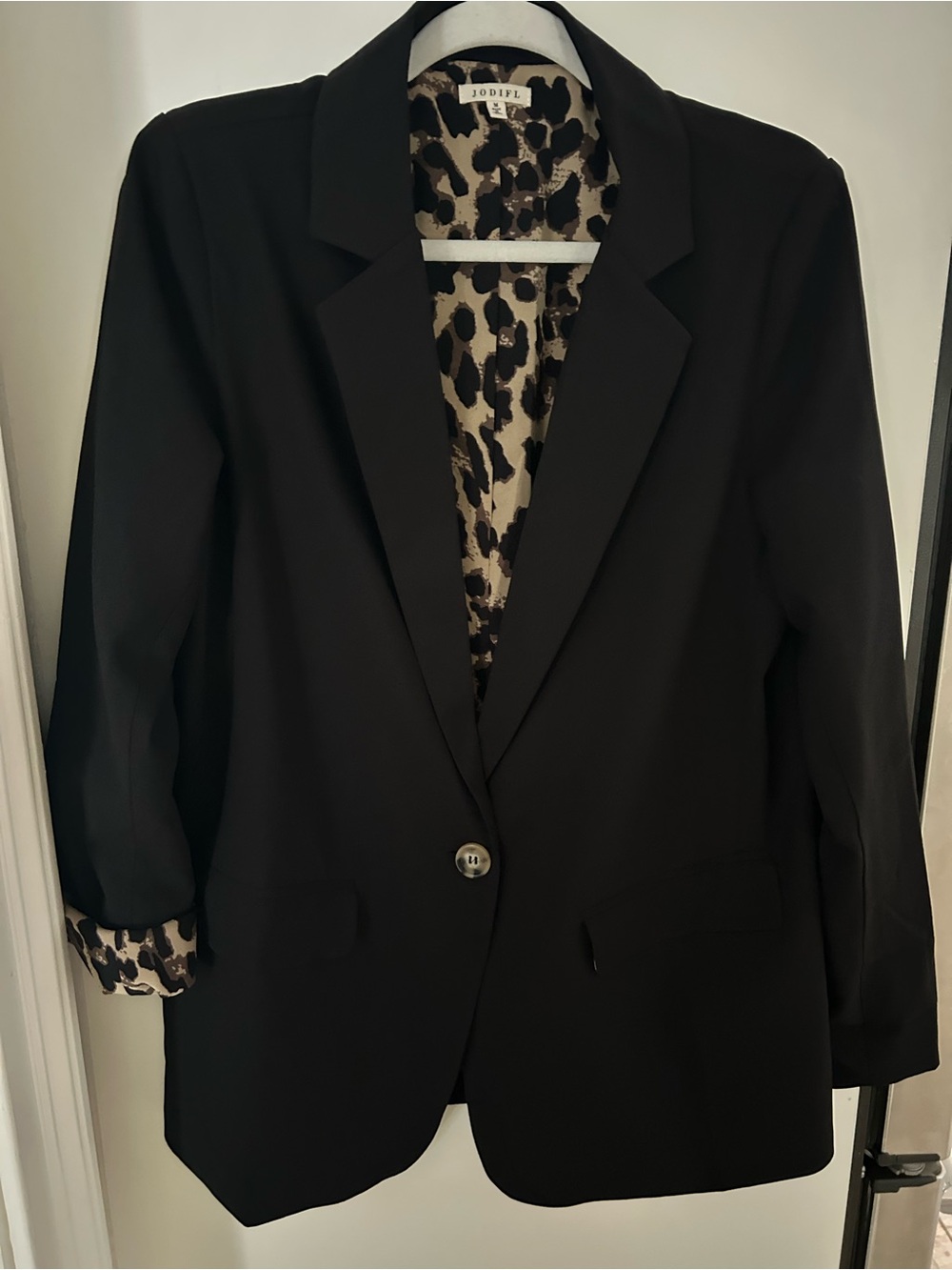 JODIFL Black Single Button M Blazer Leopard Lining  Office Casual Every Day Chic
